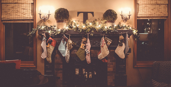 Christmas decorations over a fireplace