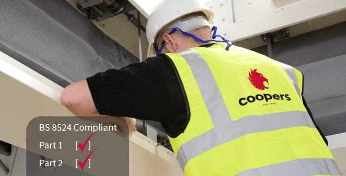Coopers Fire, the first fire curtain manufacturer to be fully BS 8524 Parts 1 & 2 compliant